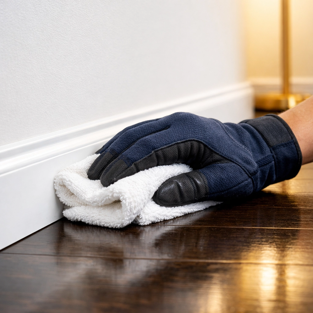 Detailed hand cleaning of baseboards during a thorough Apartment Cleaning Boston session.