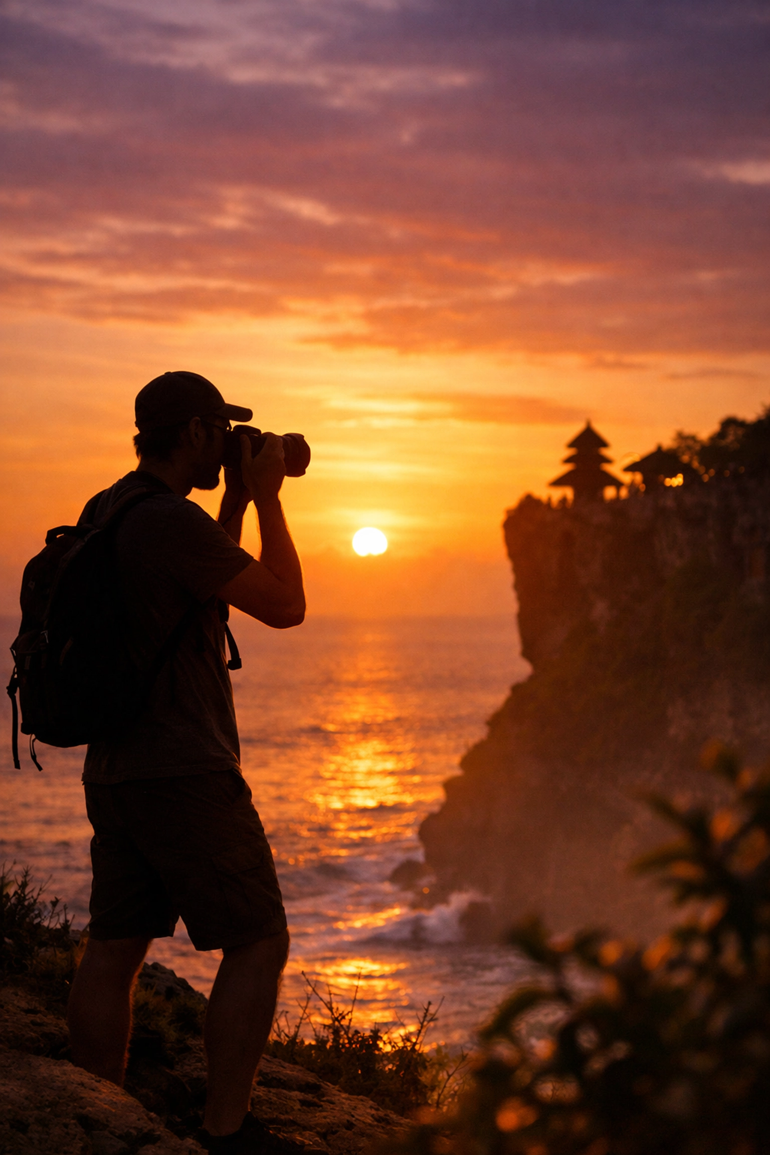 Sunset at Uluwatu Temple, providing epic photo ideas for travel photographers in Bali.
