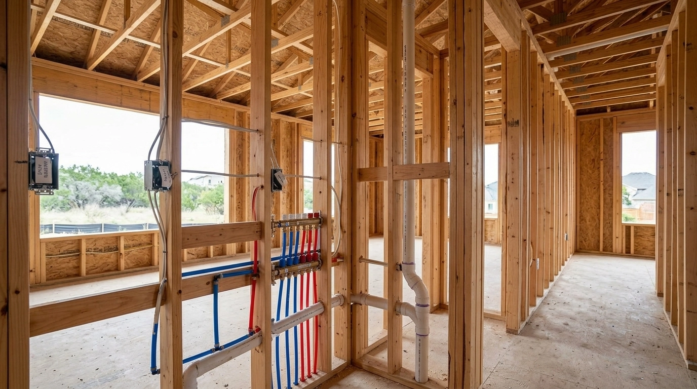The interior of a San Antonio home under construction, showing the framing, wiring, and plumbing before being covered by drywall.