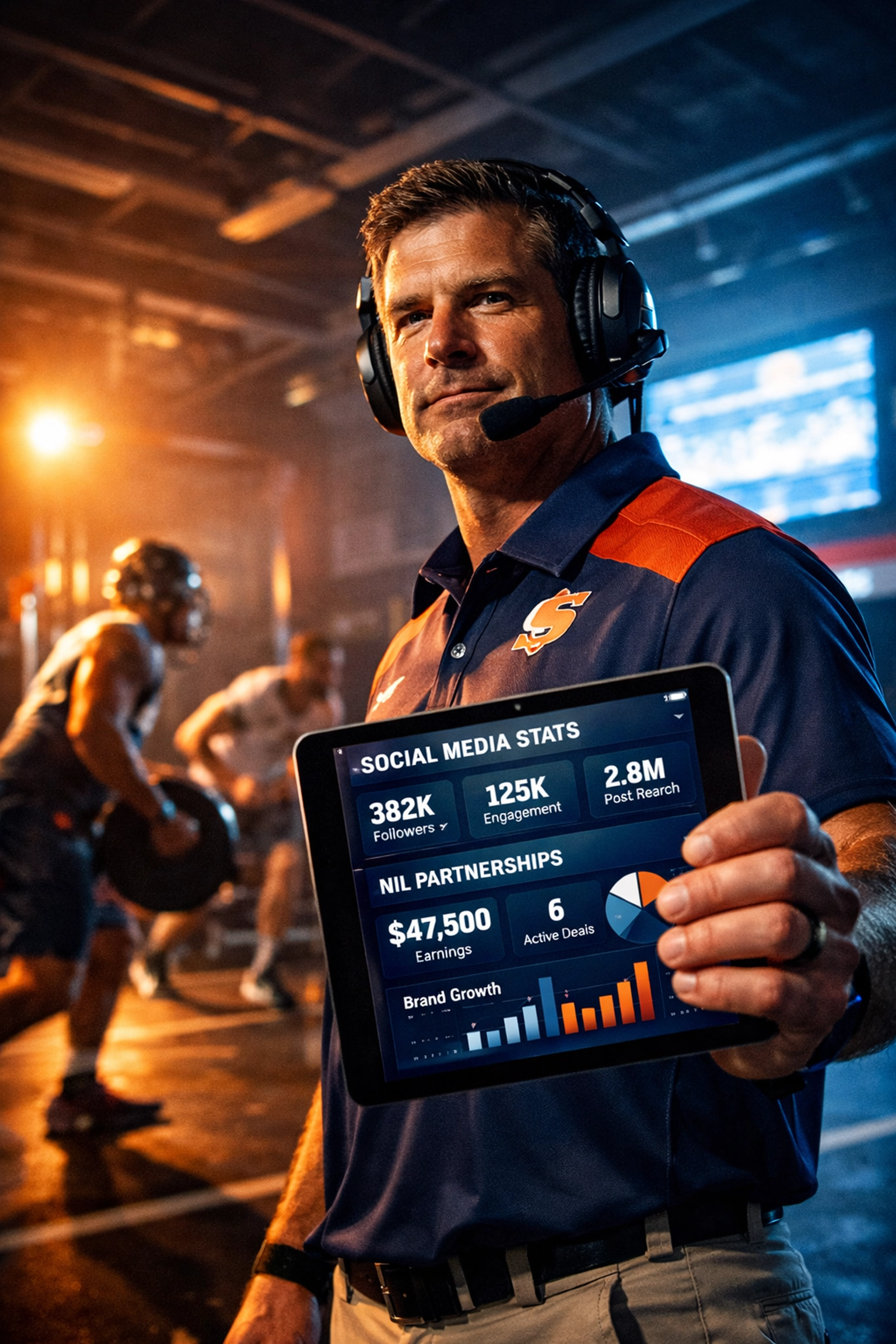 College coach analyzing NIL partnership data and recruitment analytics on tablet in athletic facility