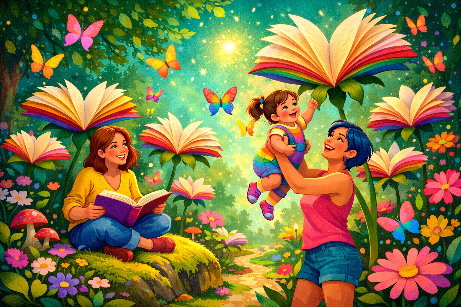 A joyful lesbian couple and their child in a whimsical garden of book-shaped flowers, celebrating LGBTQ+ parenting and nature.