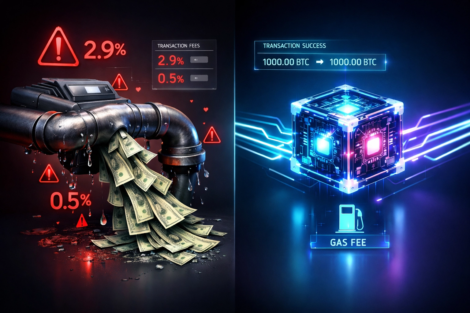 Traditional payment processors vs blockchain gas fees comparison showing cost savings