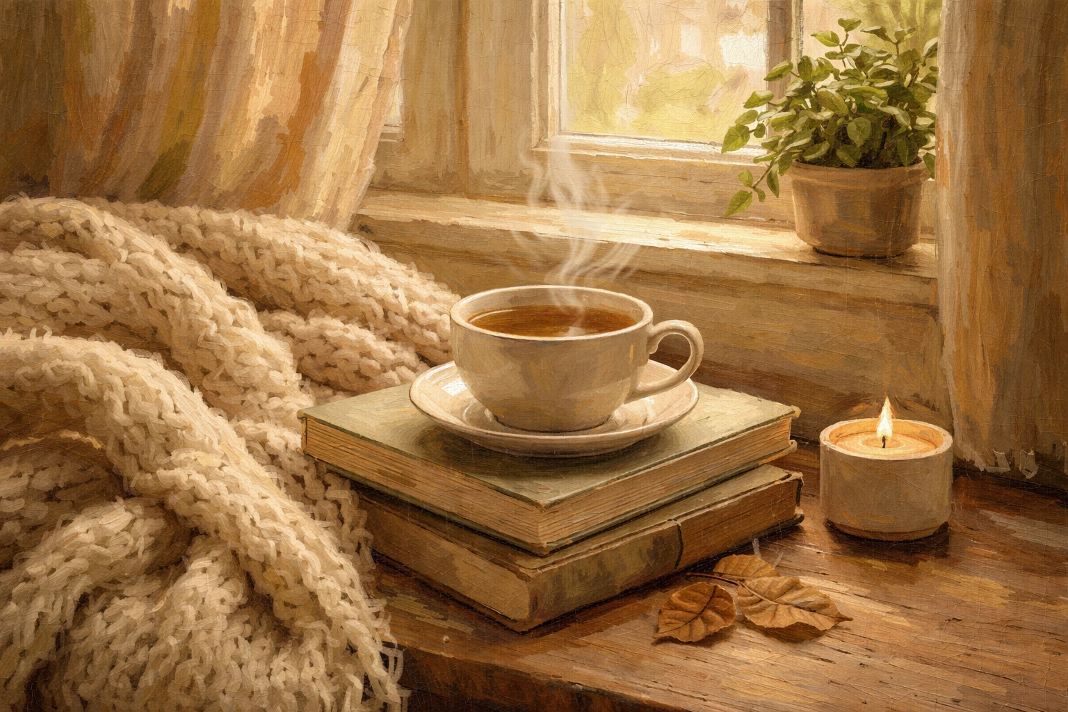 A cozy corner with tea, books, and soft light, representing self-care and rest as solutions for under-stimulation.