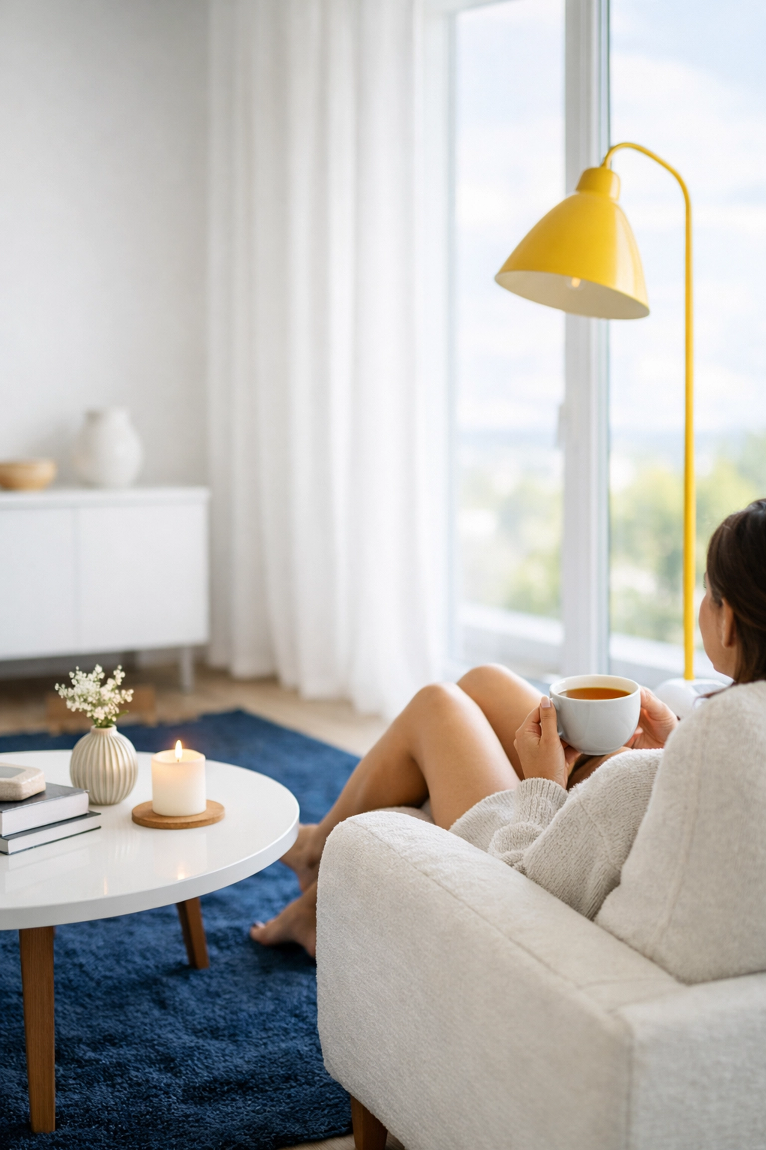 A homeowner relaxes in a spotless living room after hiring the best professional cleaning services near me.