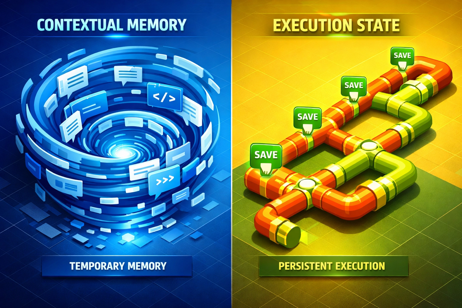 Comparison diagram of AI agent contextual memory versus persistent state checkpoints for execution progress.