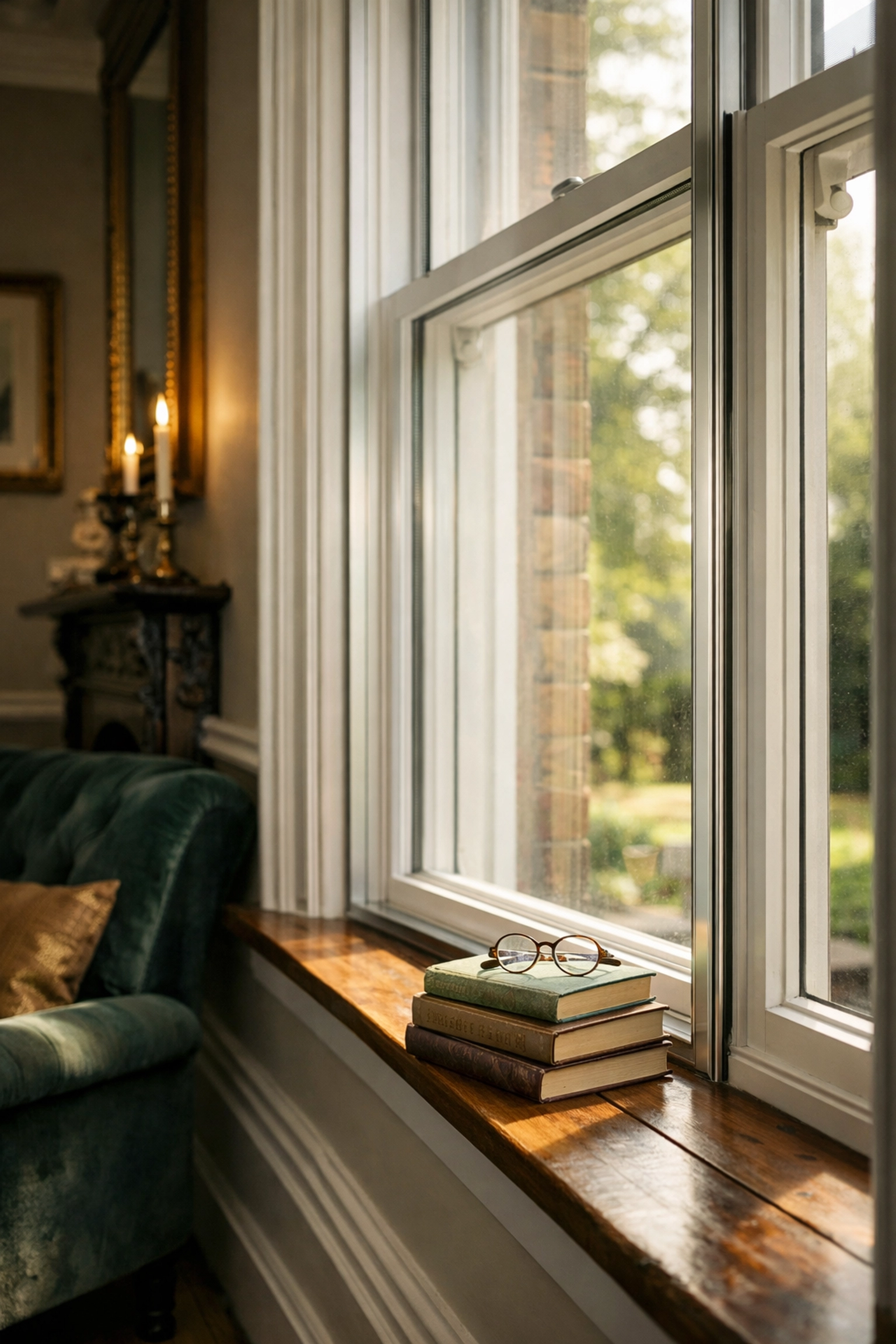White timber sash window with slimline vertical sliding secondary glazing for heat and noise insulation.