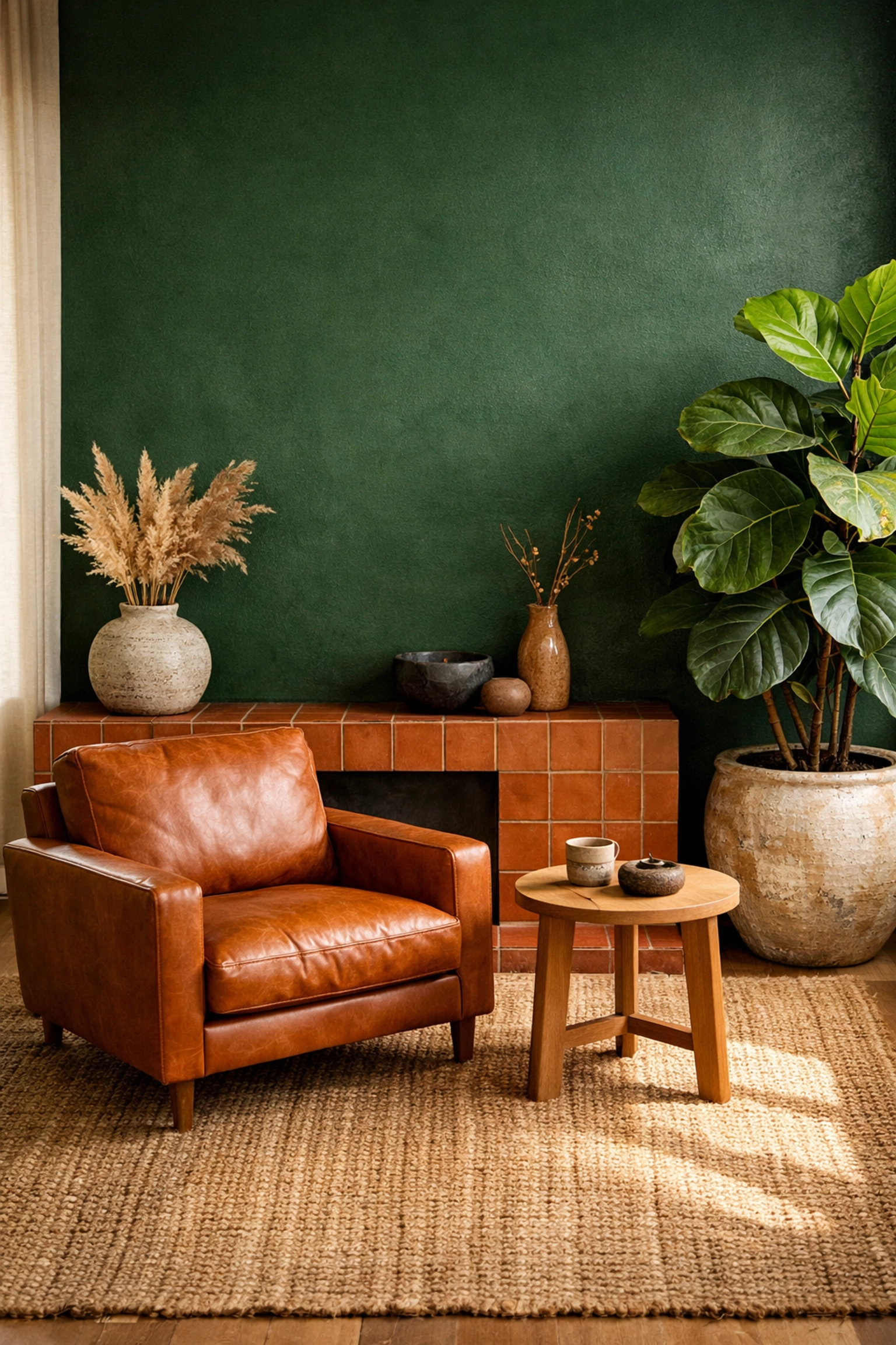 Contemporary Orlando home remodeling with bold green accent walls and earthy natural textures.