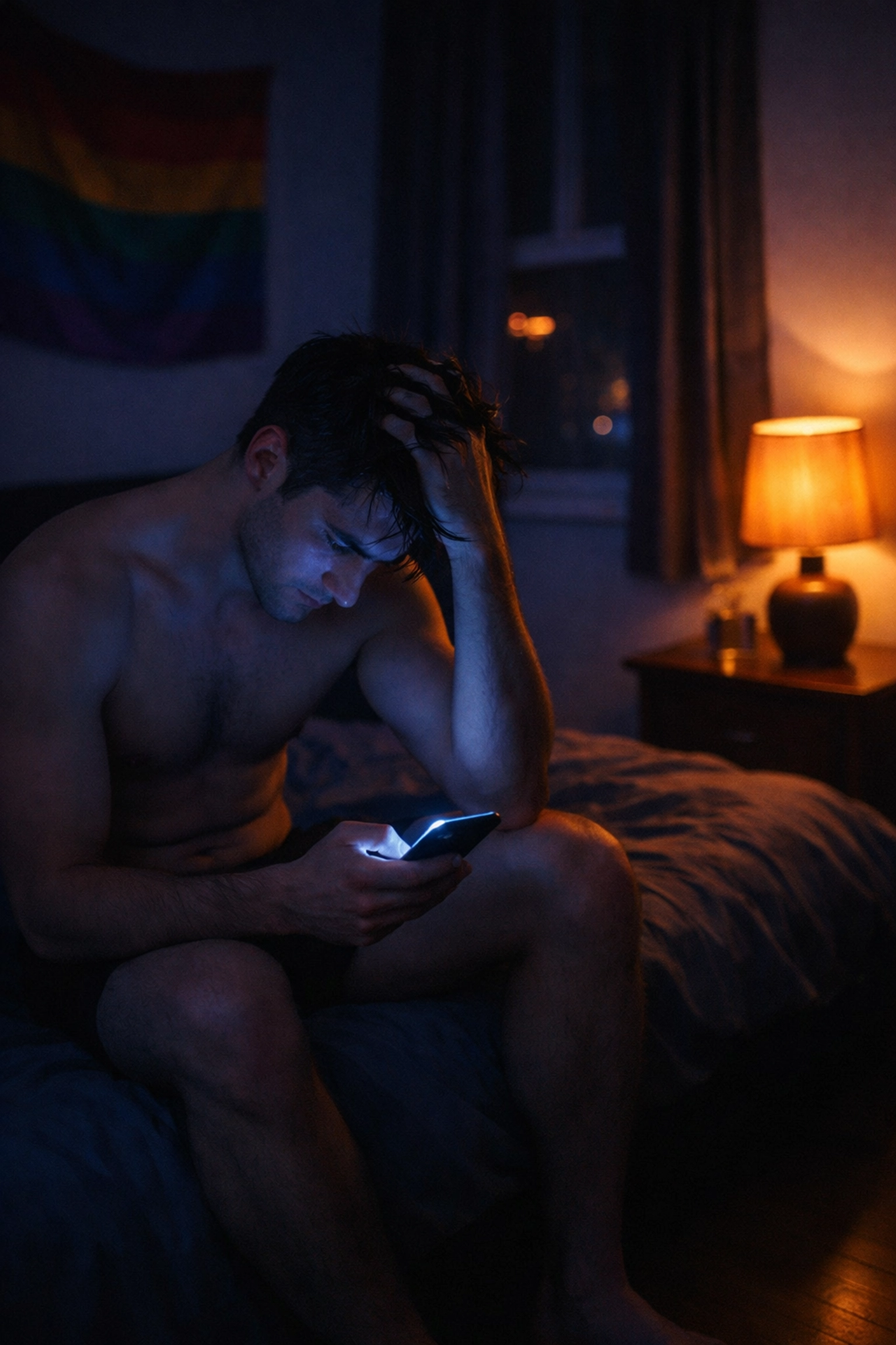Gay man sitting alone in bed at night looking at phone, illustrating isolation and compulsive behavior