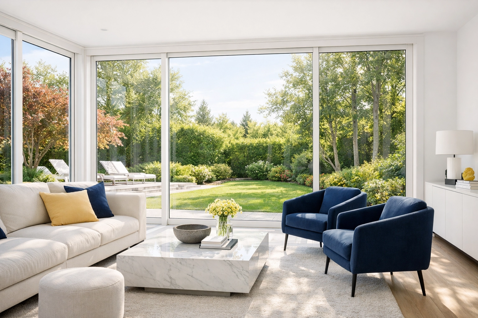 Pristine living room with clean floor-to-ceiling windows from a professional weekly house cleaning service.