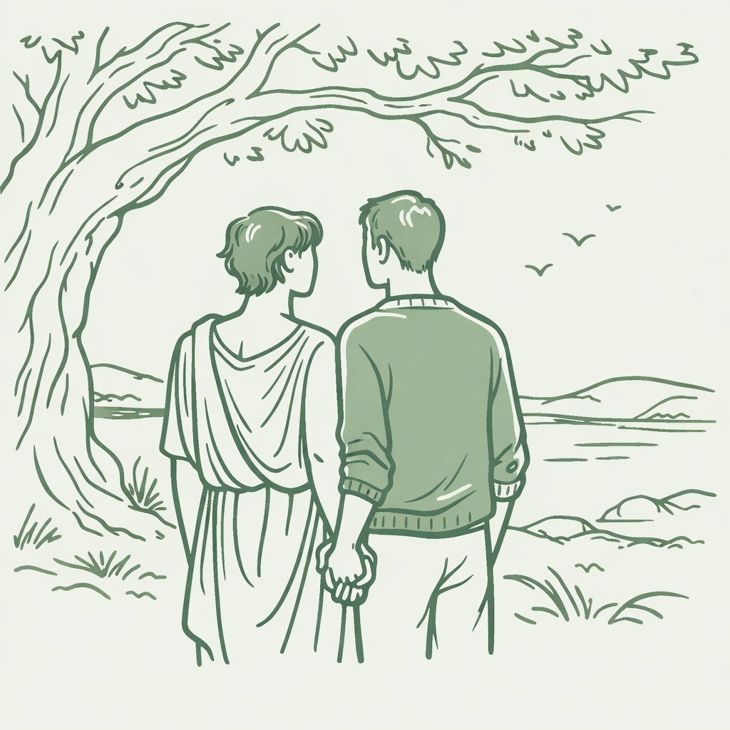 MM romance couple with a non-binary partner holding hands under a tree, representing gender diversity and love.