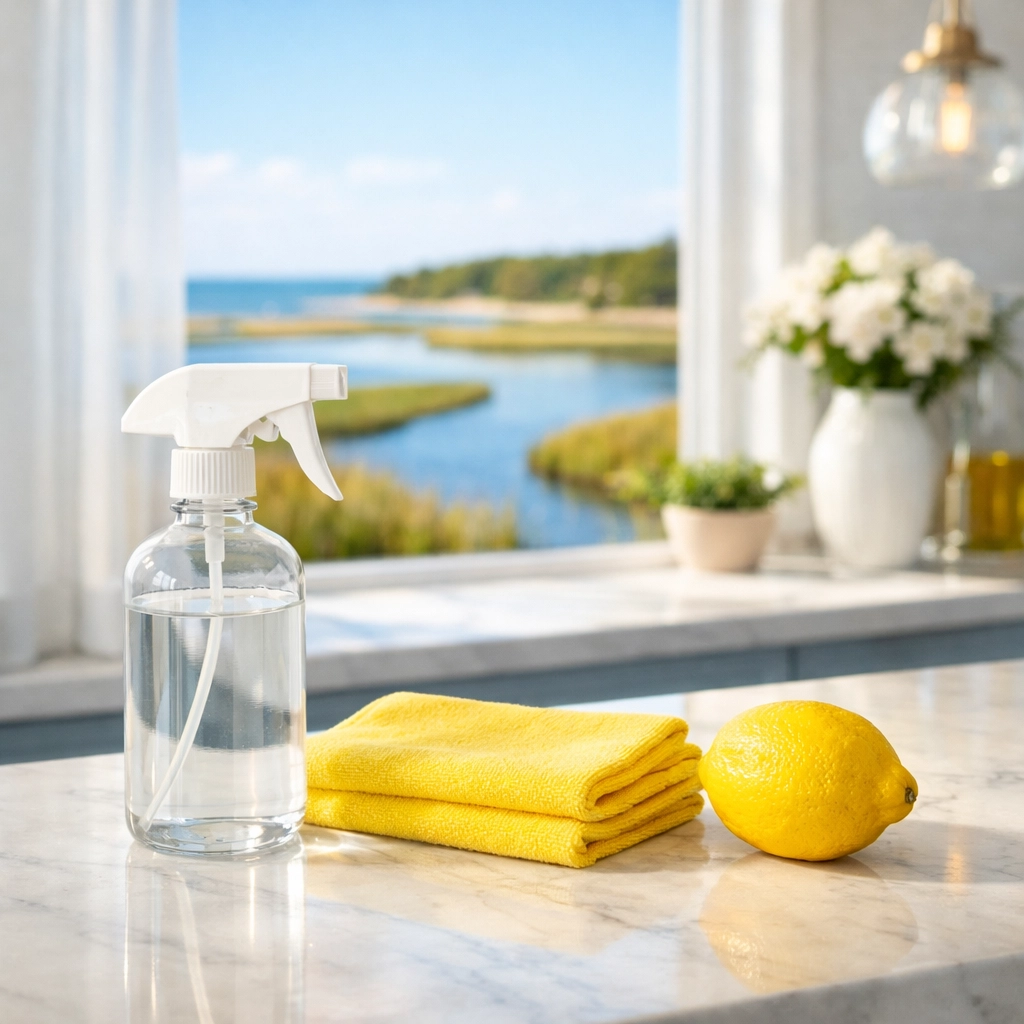 Eco-friendly cleaning supplies on a clean marble kitchen counter in a West Yarmouth residence.