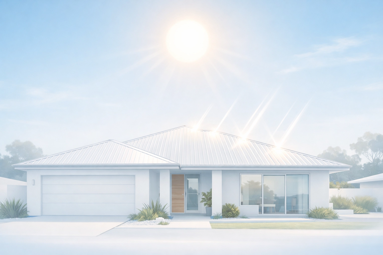 Energy-efficient light blue roof reflecting sunlight to keep a coastal Sydney home cool and sustainable.