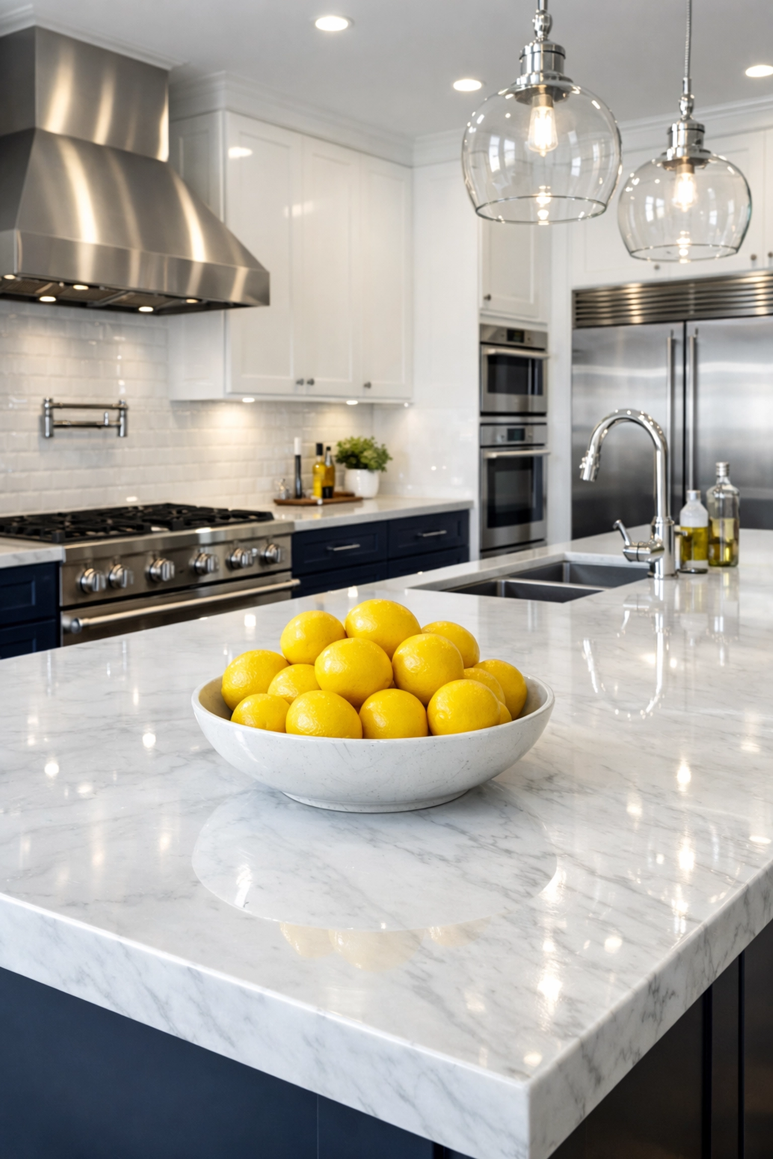 Sparkling luxury kitchen with a white marble island and clean surfaces after a bi weekly house cleaning visit.