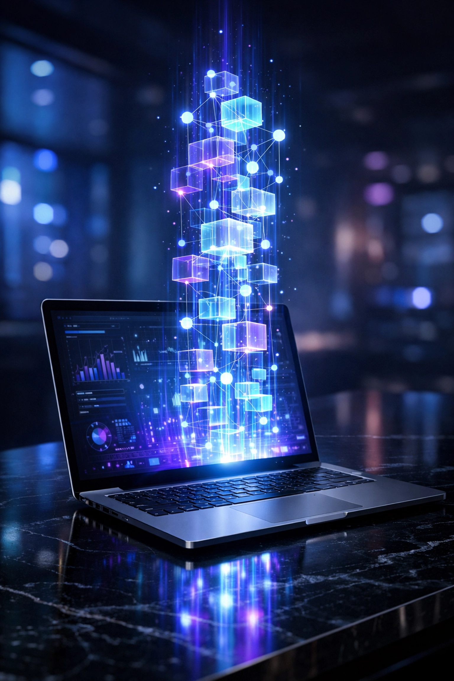 Holographic data blocks rising from a laptop screen representing AI content creation for lead magnets.