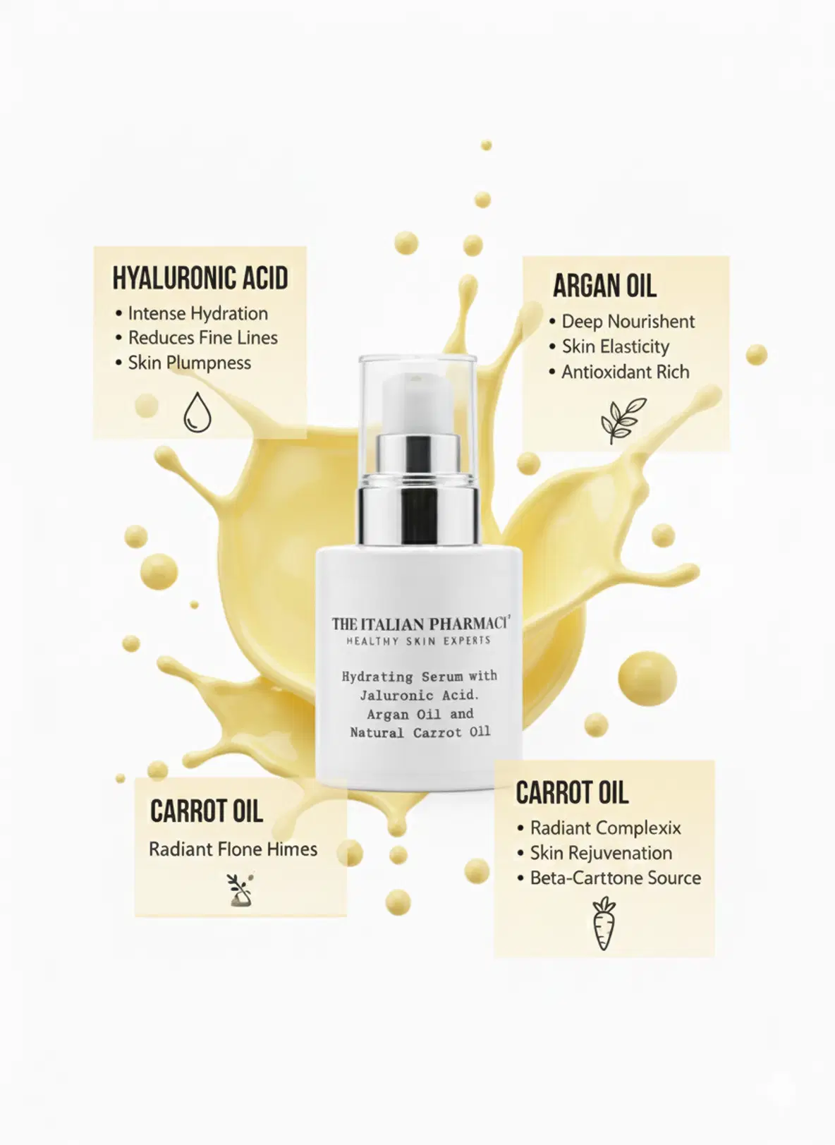 Una botella del sérum hidratante de The Italian Pharmacy con ácido hialurónico, aceite de argán y aceite de zanahoria