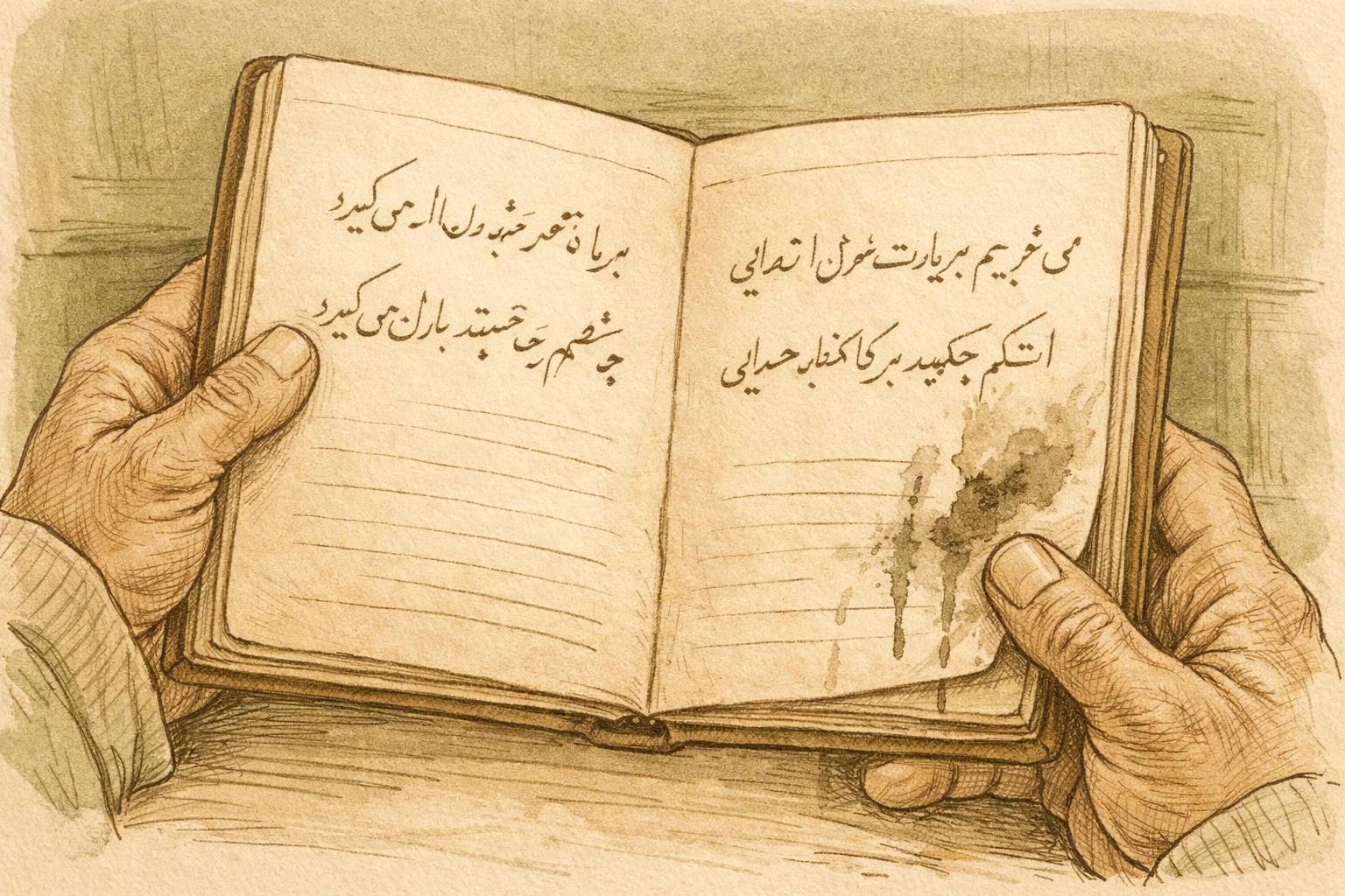 Hands holding Persian poetry notebook - preserved gay love letters from Kabul across decades