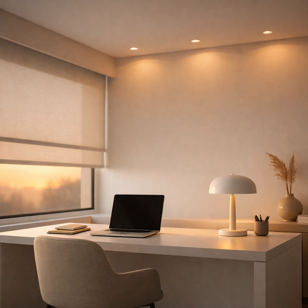 Automated shades and smart recessed lighting in a custom home office for intuitive living.