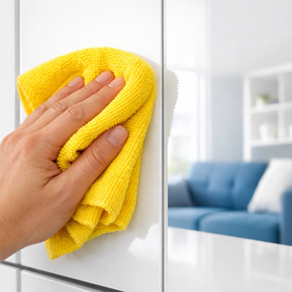 Professional hand wiping a white cabinet door with a yellow microfiber cloth for a streak-free finish.