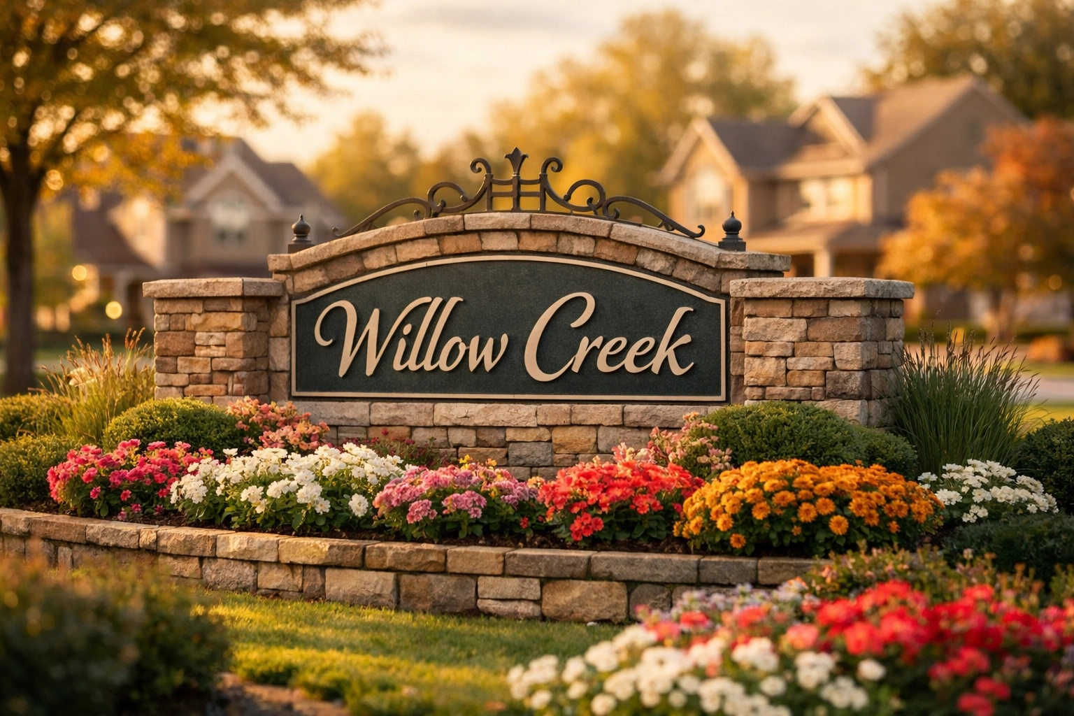 Neighborhood entrance sign showcasing local community branding and real estate market