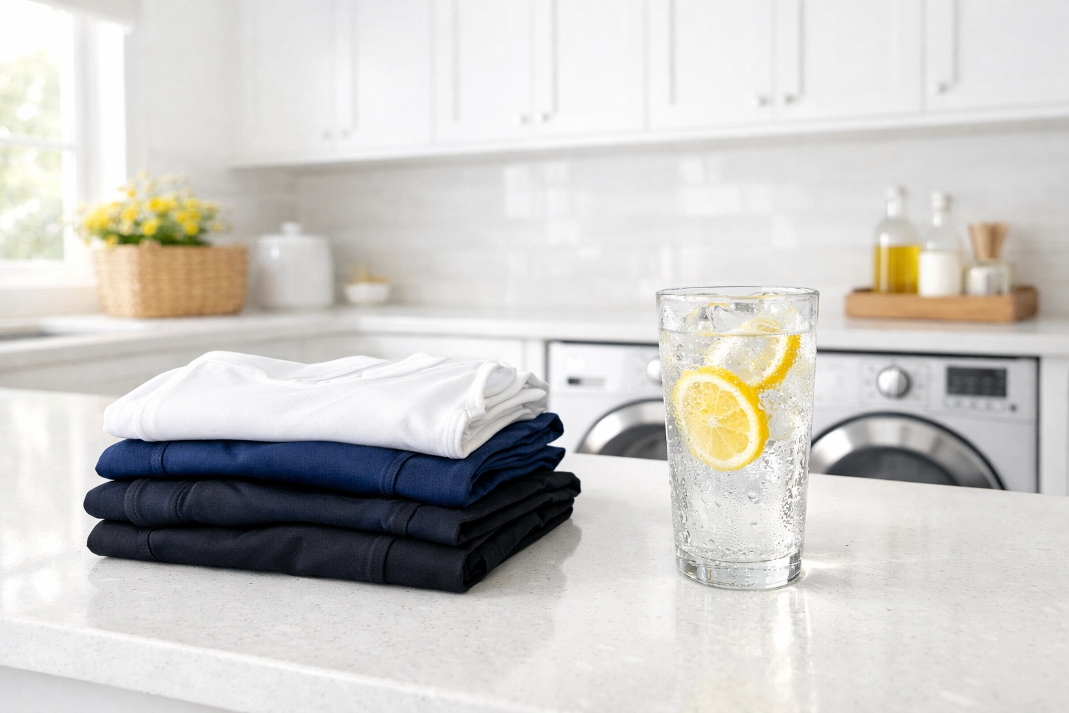 Freshly folded workout clothes and a glass of lemon water in a bright, clean laundry room.