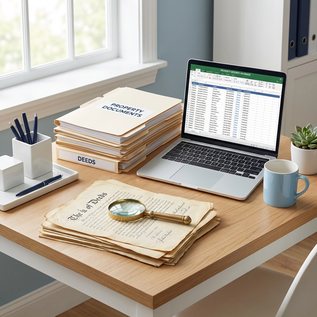 A well-organized desk with property documents and a laptop, illustrating a thorough PA and NJ title insurance search.
