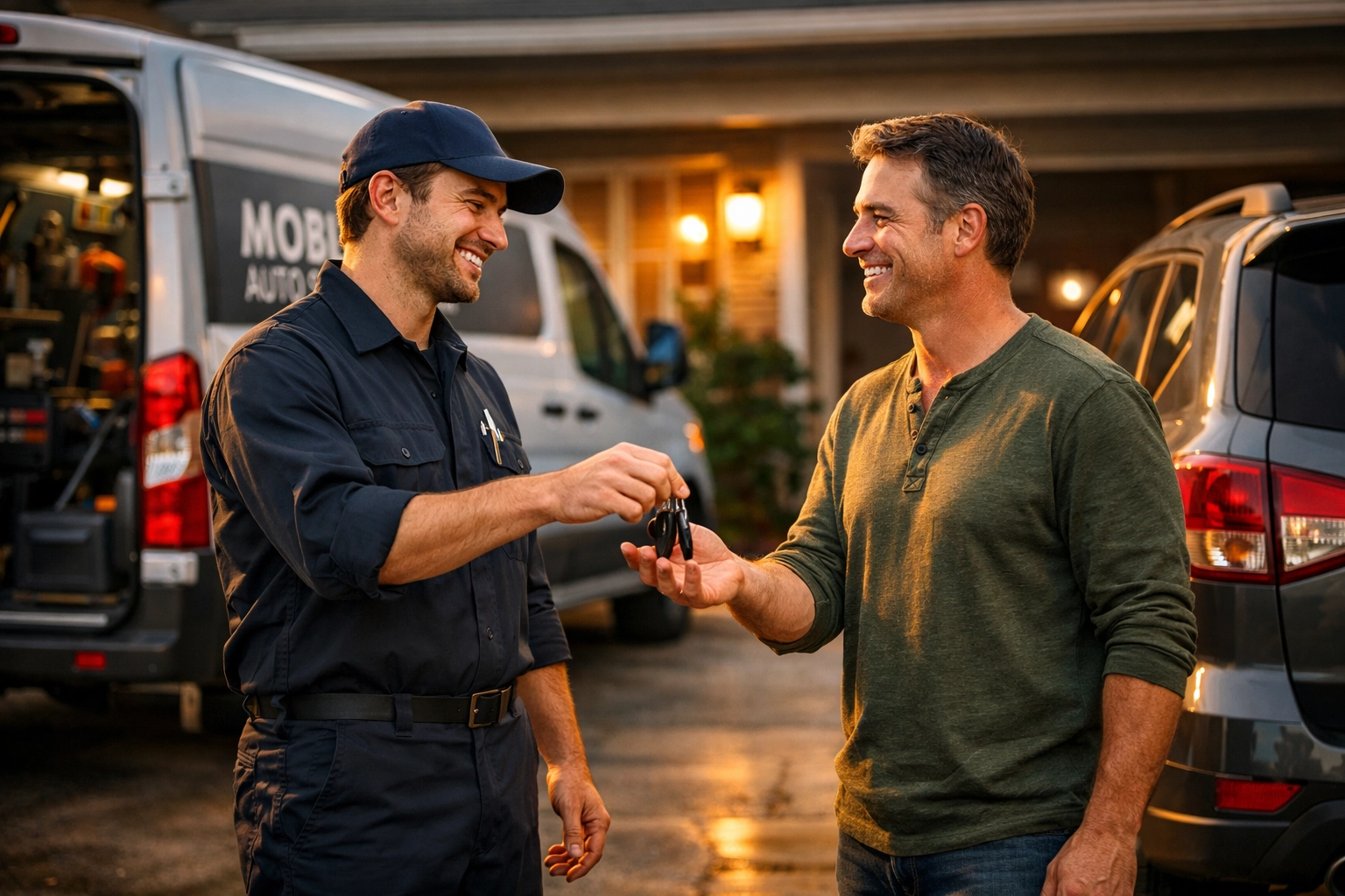 Green Bay mobile mechanic handing keys to a happy customer after completing a car service at home.