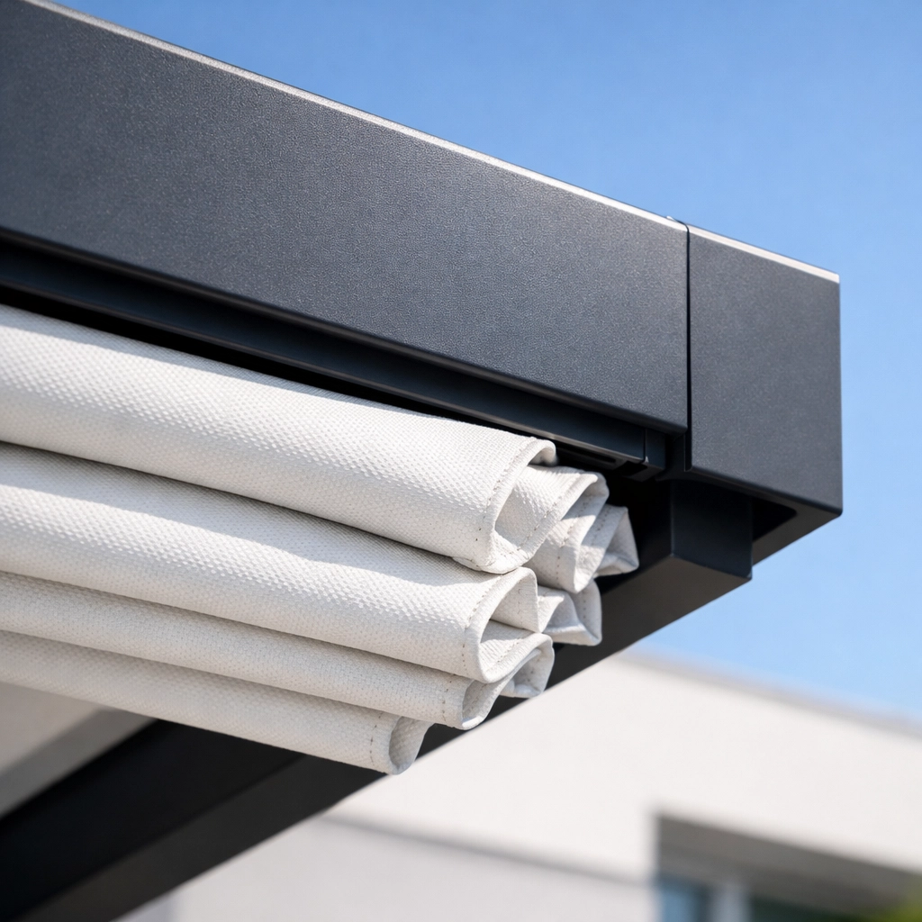 Modernes Faltdach für die Terrasse mit eingefaltetem Stoff und stabiler Aluminium-Konstruktion.