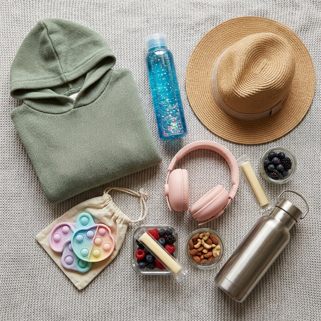 Flat lay of sensory-friendly playground essentials including a weighted hoodie, fidgets, snacks, and headphones