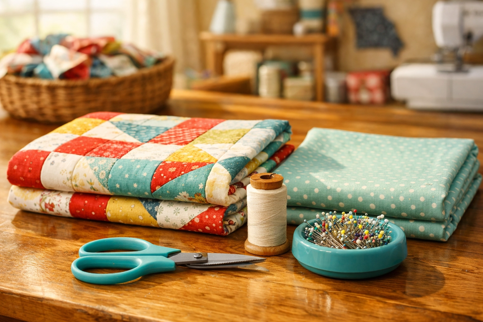 A quilt top and backing prepped for longarm quilting with sewing tools in a Missouri studio.