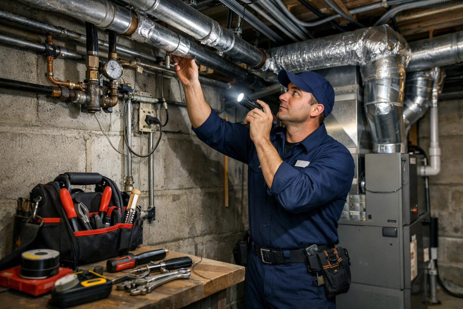 Maintenance technician performing preventive inspection of rental property building systems