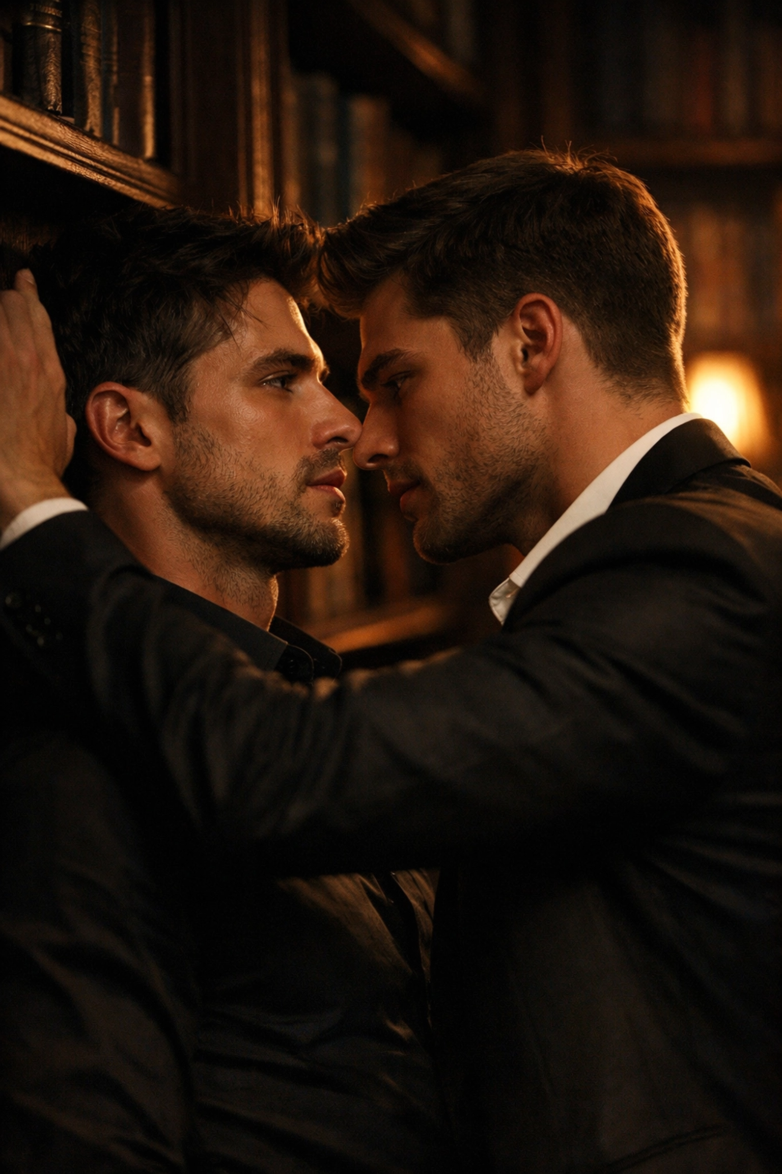 Two men sharing an intense enemies to lovers moment, illustrating popular tropes in steamy MM romance books.