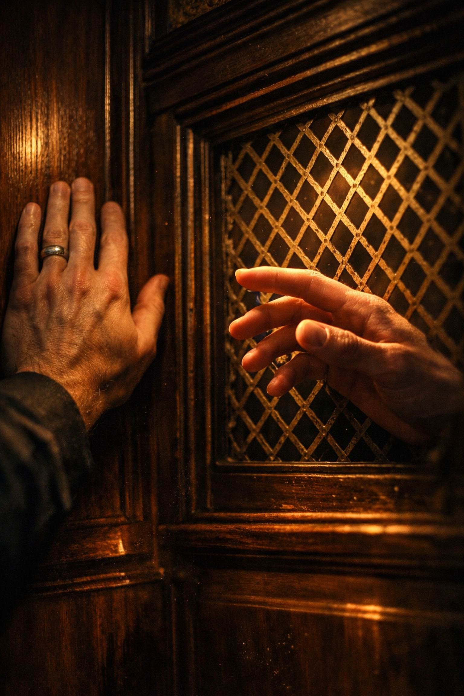 Close-up of hands connecting through a confessional screen in a forbidden gay romance novel set in the Vatican.