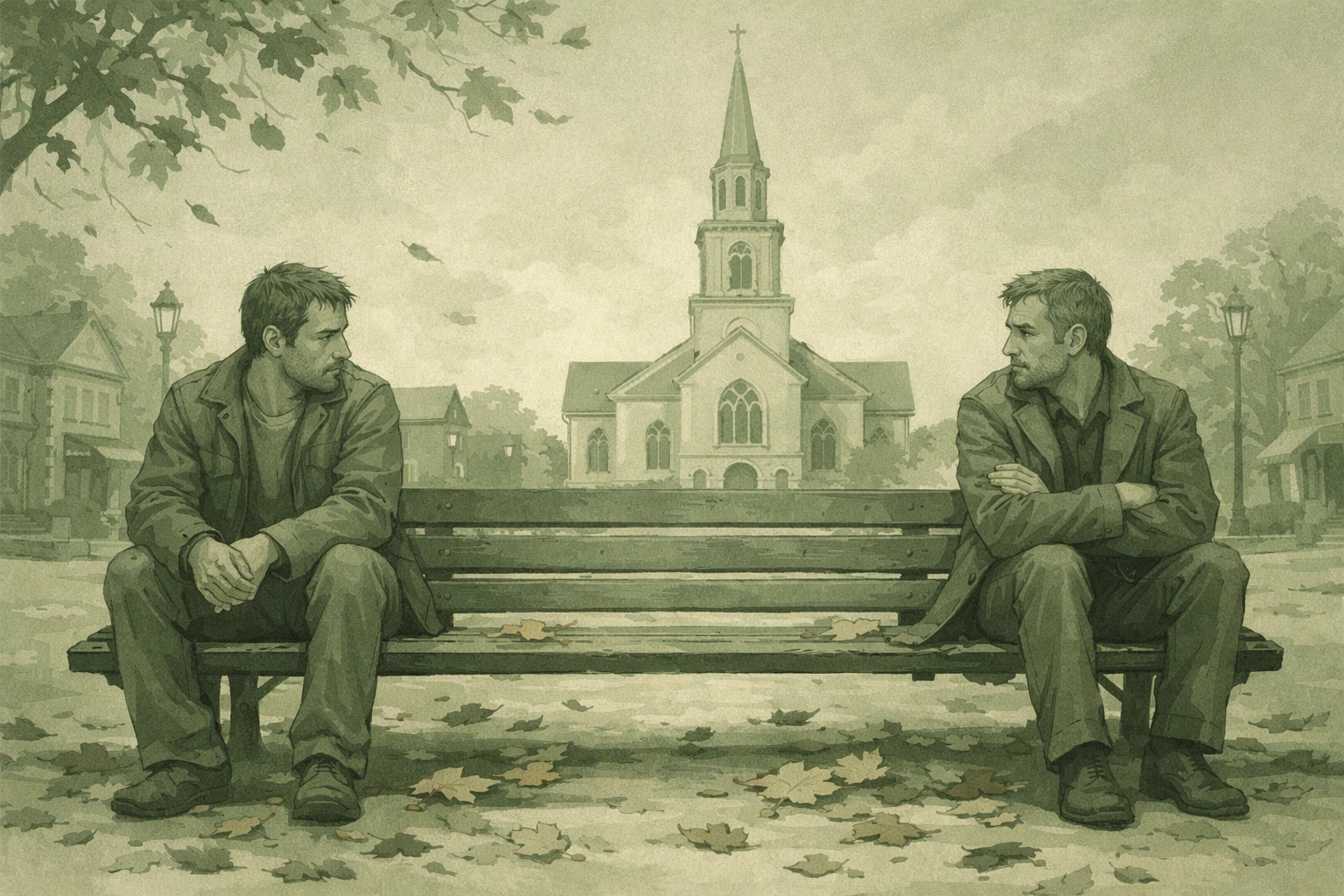 Two men in MM romance sit apart on park bench with church visible in background