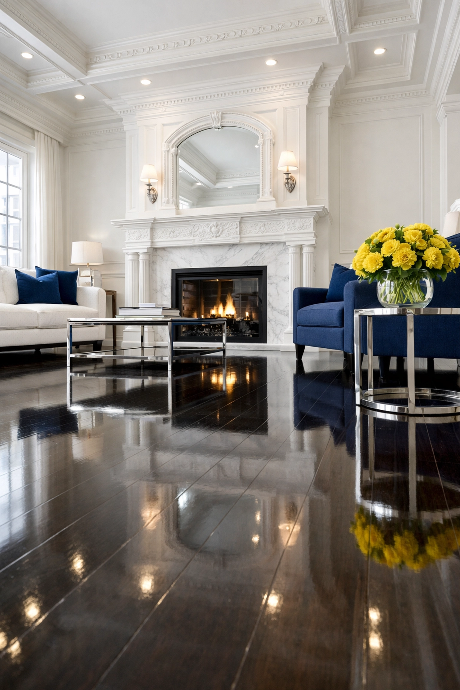 Pristine living room in a Newton MA home showing luxury deep cleaning results on hardwood floors and baseboards.