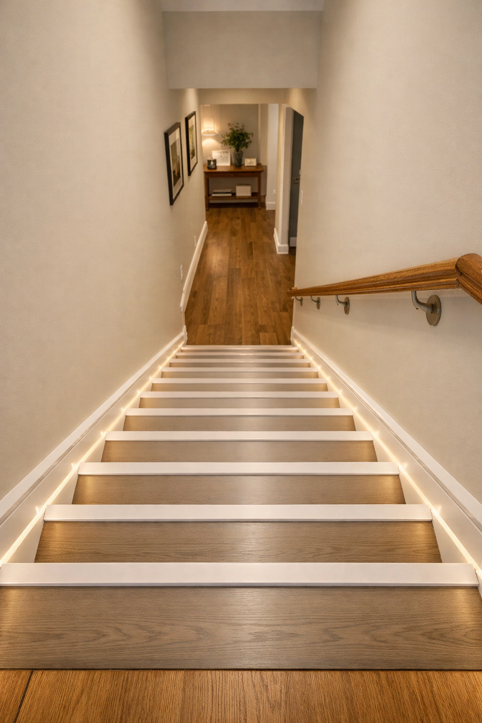 First-person view of a well-lit staircase with LED lighting to improve visibility and depth perception.