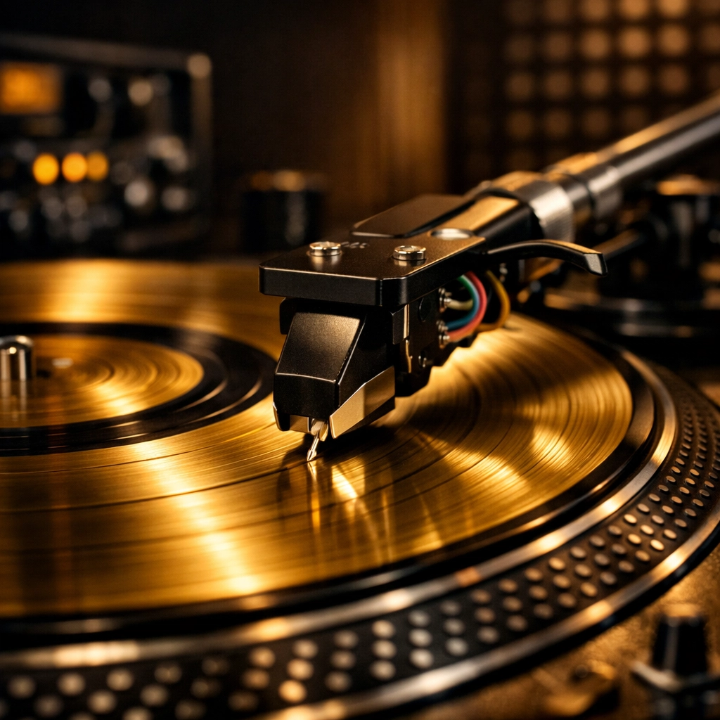 Close-up of a record player needle on a gold vinyl record symbolizing music industry success and growth.
