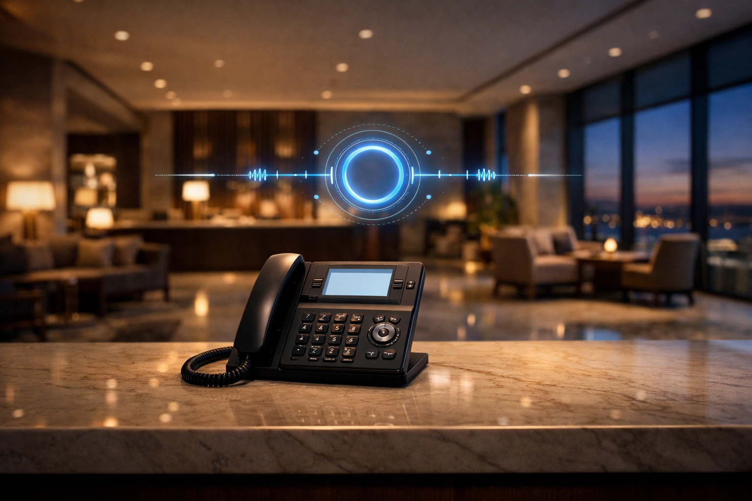 Hotel lobby desk phone featuring an automated AI receptionist for 24/7 guest support and lead capture.