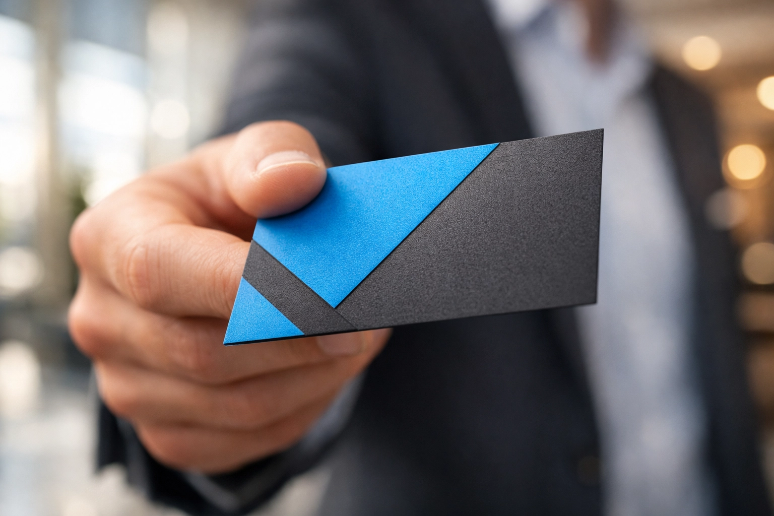 Close up of a premium matte business card being handed out as part of a local marketing strategy.