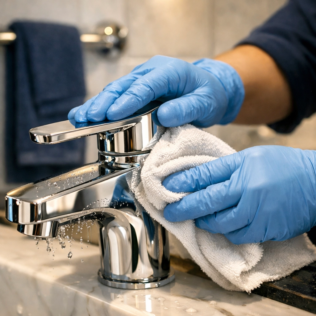 Professional cleaner polishing a chrome bathroom fixture to a mirror-like shine in an upscale Fitchburg home.