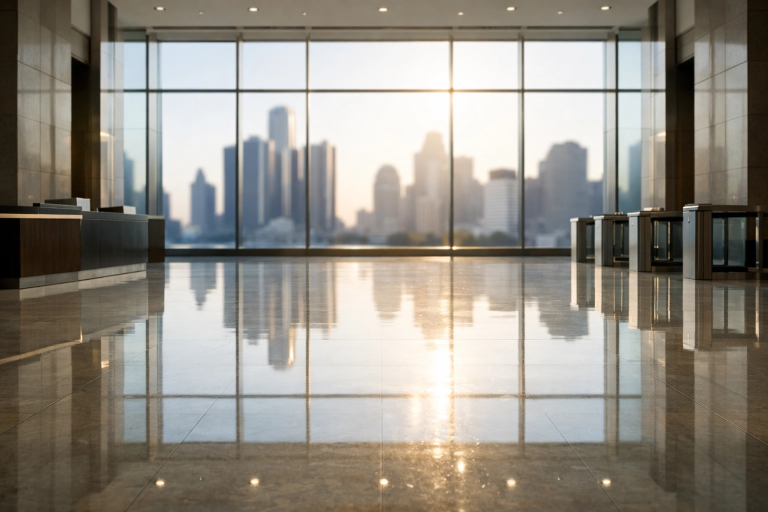 Polished Detroit office lobby floor reflecting morning light, demonstrating high-traffic commercial cleaning standards.