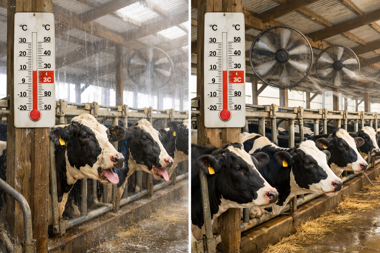 Dairy cows in high humidity vs low humidity conditions showing different comfort levels at same temperature