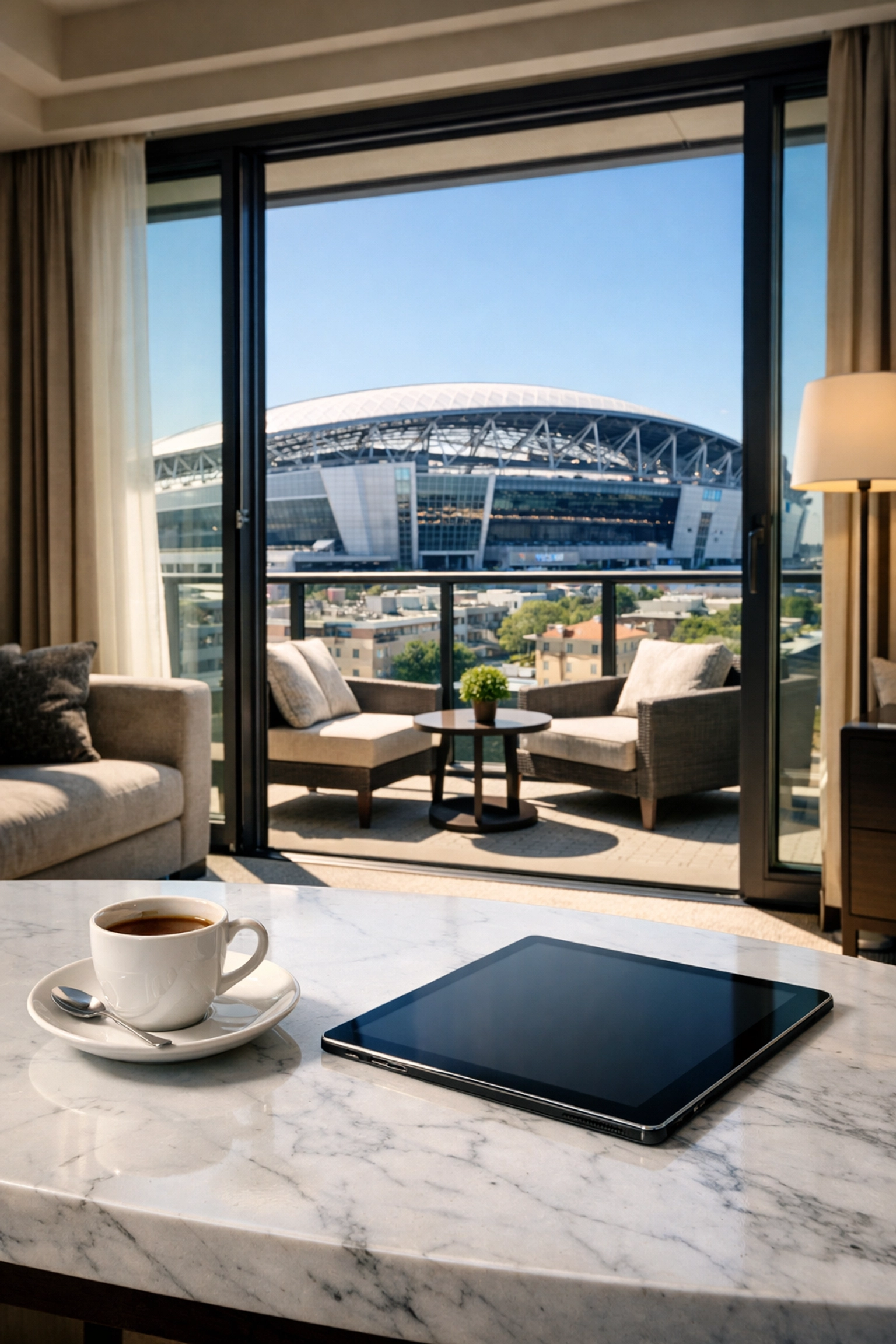 Luxury executive hotel suite with a prime view of the sports stadium for Super Bowl travel convenience.