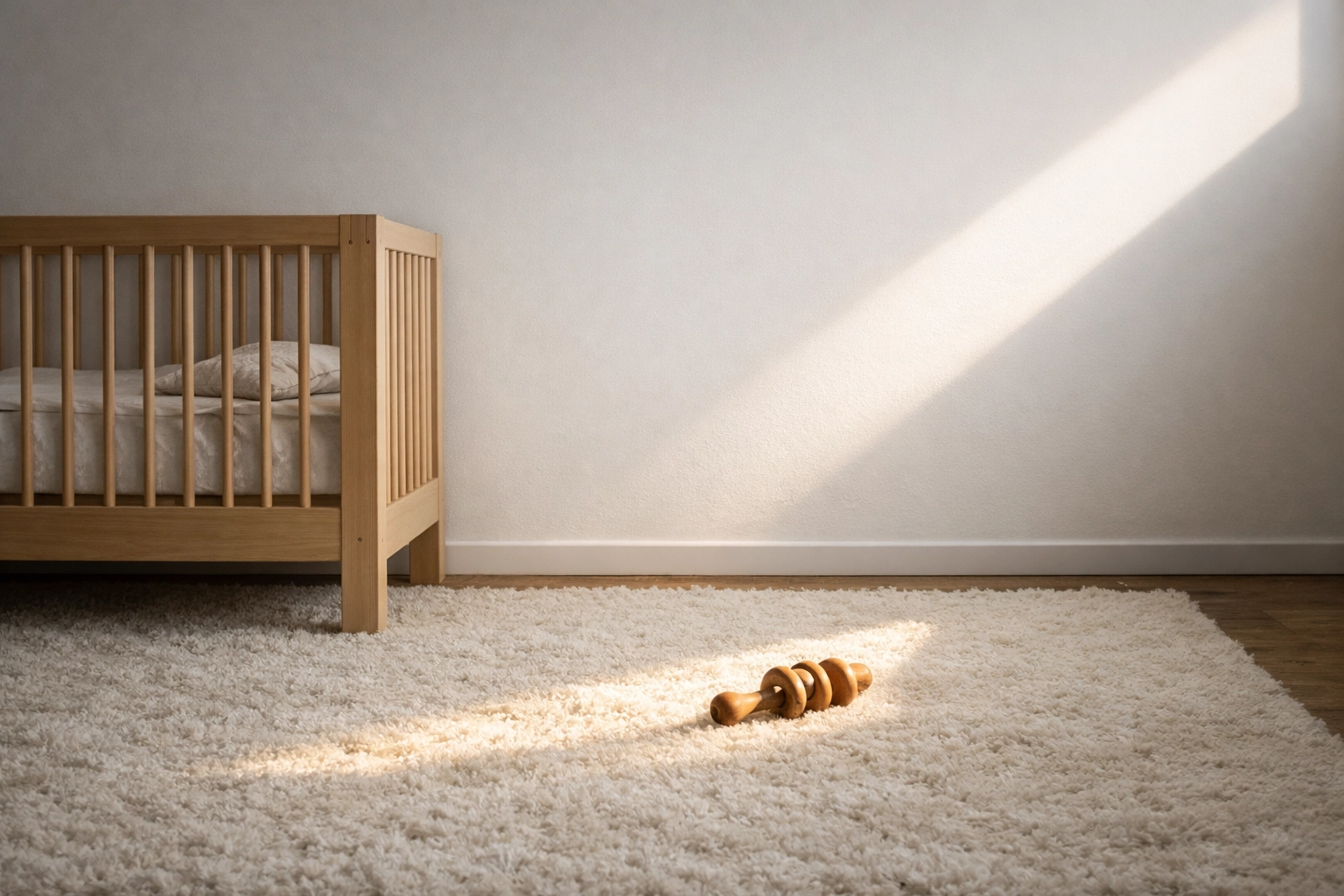 A minimalist nursery with a wooden crib in sunlight, highlighting a peaceful home for postpartum bonding.