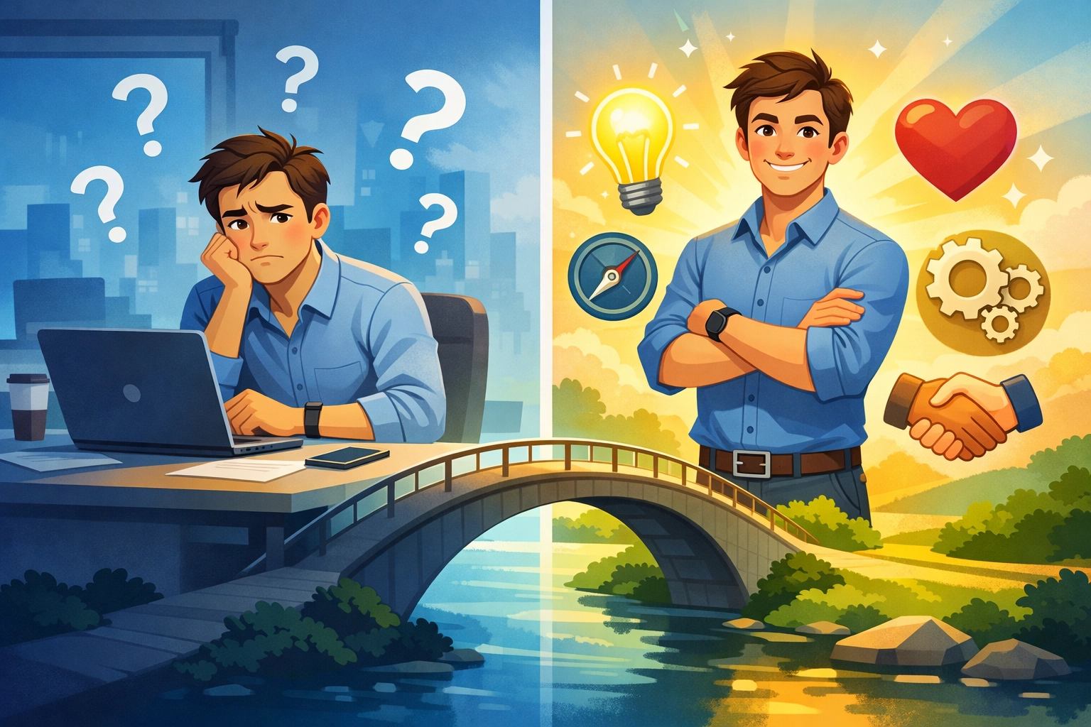 Career transformation illustration showing journey from uncertainty to clarity through Christian coaching