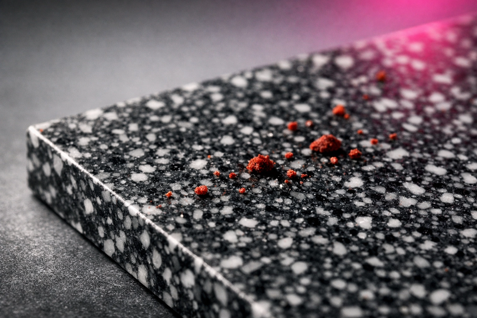 Macro view of a durable, 100% recycled plastic panel resistant to iron ore dust and corrosion on mine sites.