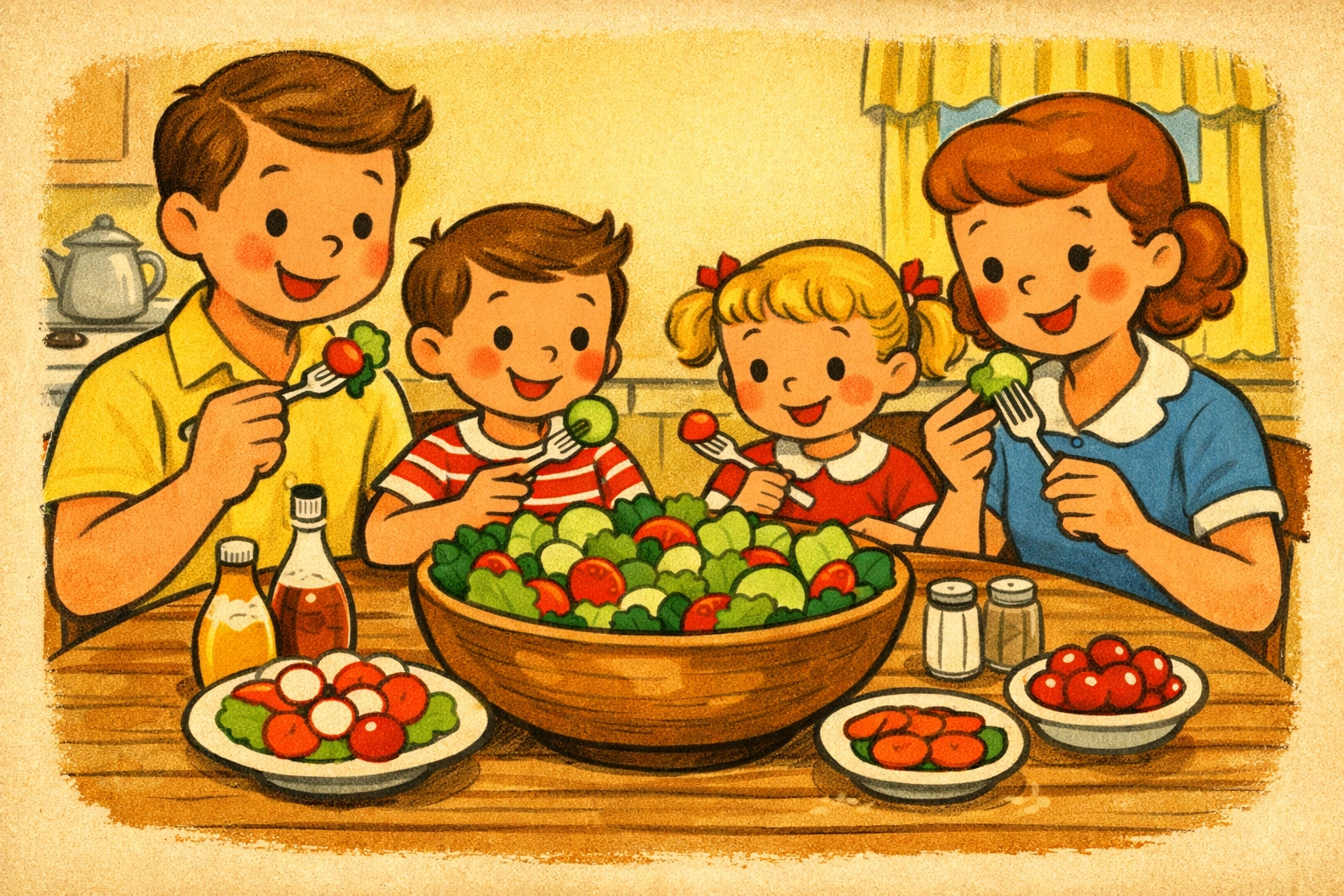 Whimsical storybook family sitting around a kitchen table happily eating a fresh salad and vegetables