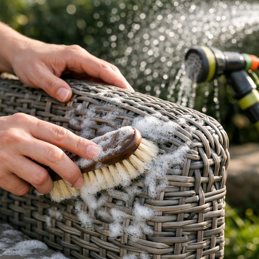 Professional cleaning of a designer wicker chair using a soft-bristled brush and mild solution.