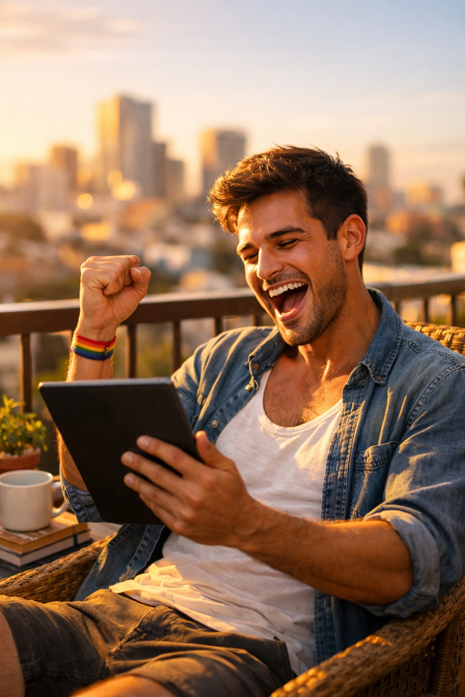 Triumphant gay writer publishing his MM romance novel worldwide using a digital tablet.