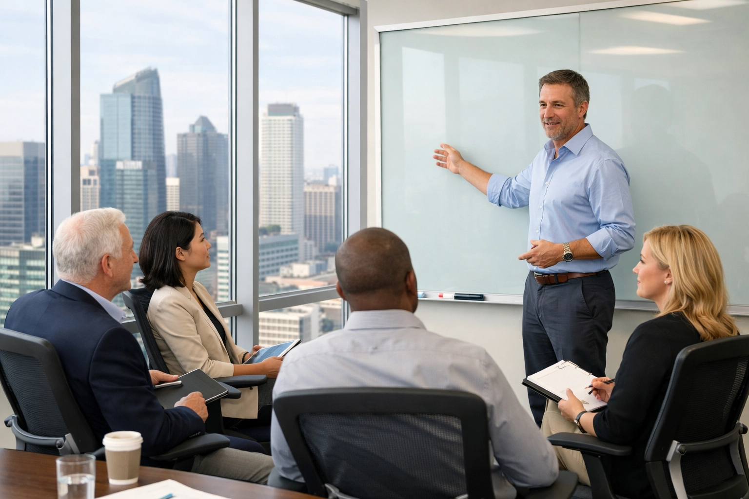 Experts discussing ServiceNow implementation methodologies and ROI in a corporate conference room.