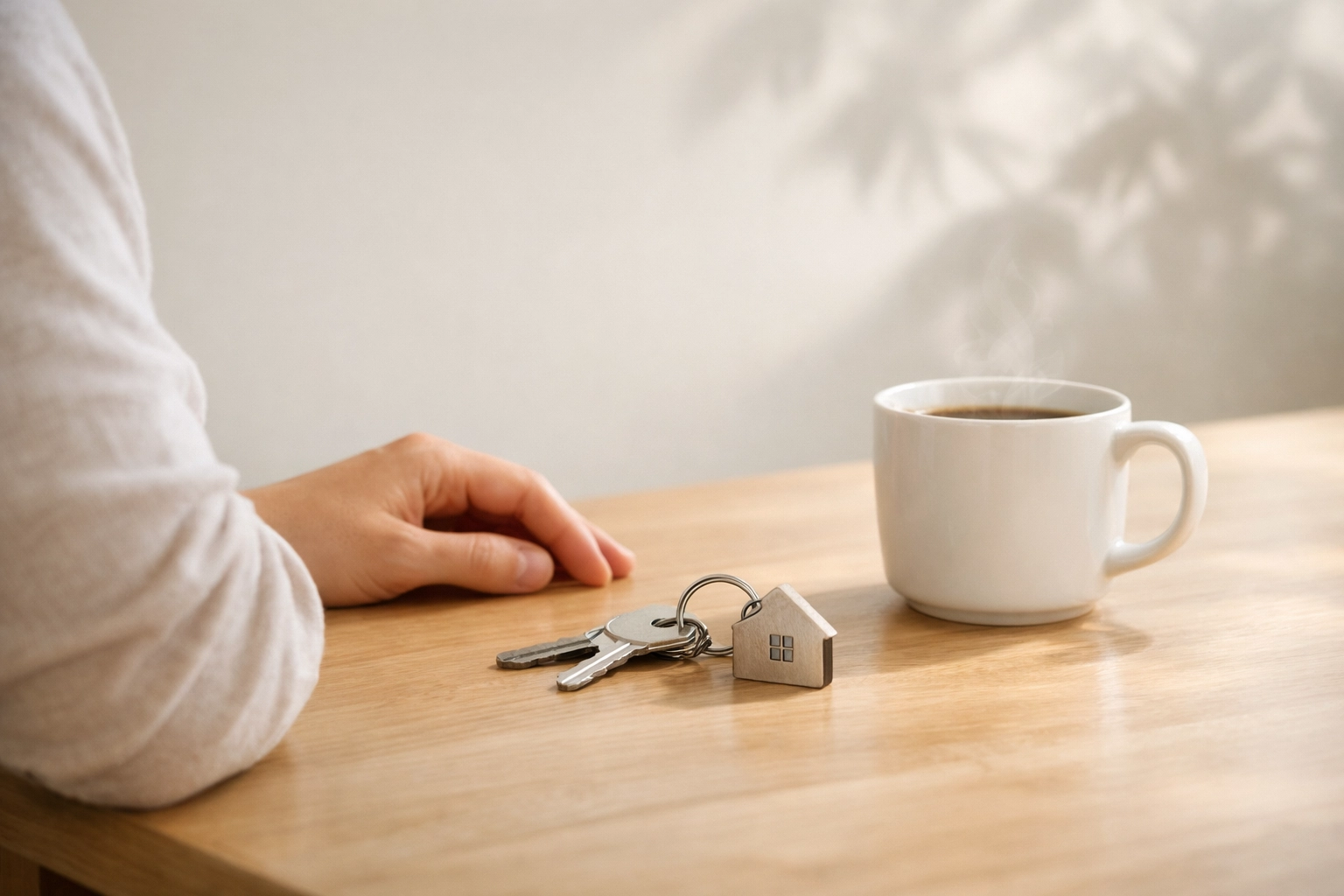 House keys on a sunlit table symbolizing a successful home purchase through down payment assistance.